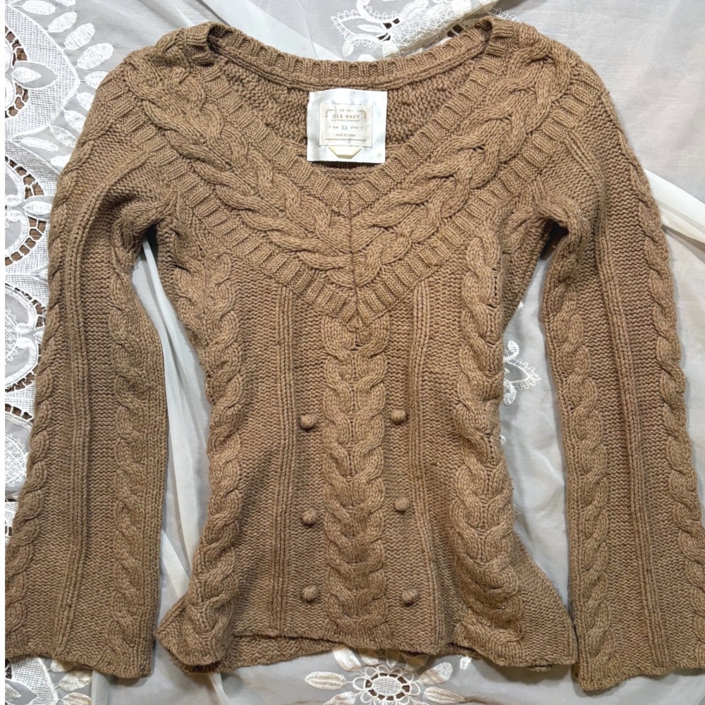 Y2K Old Navy Vintage 2007 Camel Brown Cable Knit Lambswool Blend Sweater XS